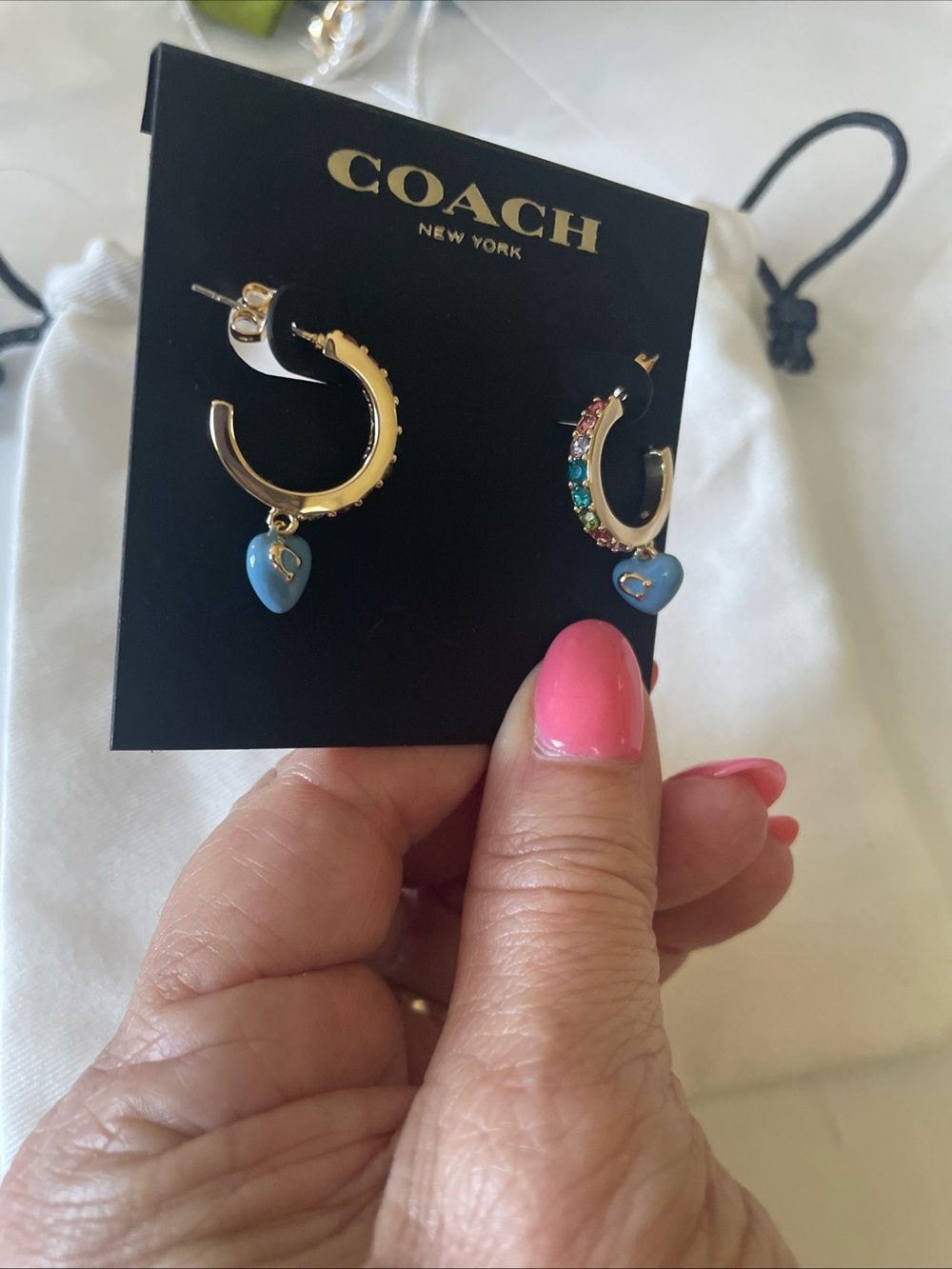 COACH Gold Hoop Earrings with Blue Heart and Multicolor Crystals